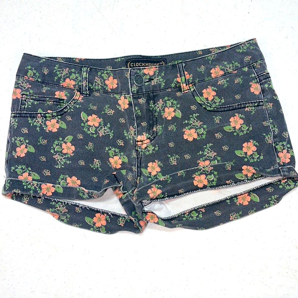 Clock House Black with Pink Floral Print Denim Shorts